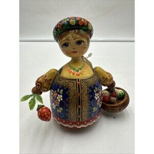 Hand Painted Russian Wooden Doll W/a Basket Of Mushrooms Hold Strawberry